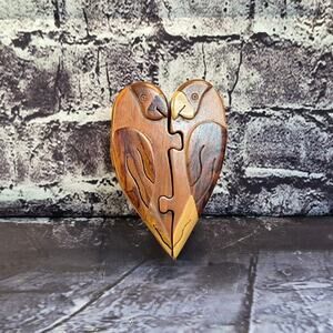 Vintage Carved Wooden Puzzle Box Two Parrots Jewelry Stash Box